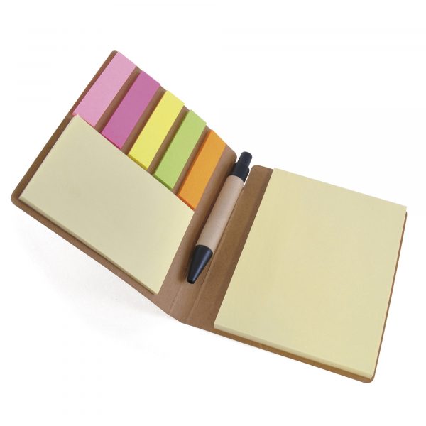 Eco-friendly notebook with sticky notes, flags and pen. All housed in recycled paper folder.