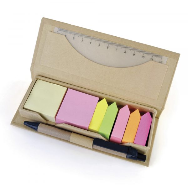 Eco-friendly desk set. Including sticky notes, flags, ruler and pen. All housed in a stylish recycled paper box.