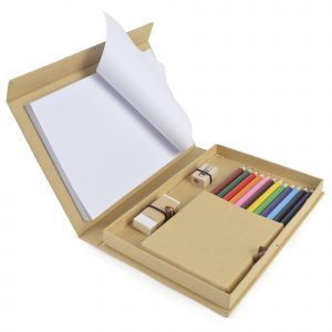 Natural fold out desk set with 12 coloured pencils, eraser, pencil sharpener and plain white paper pad holding approx. 50 sheets