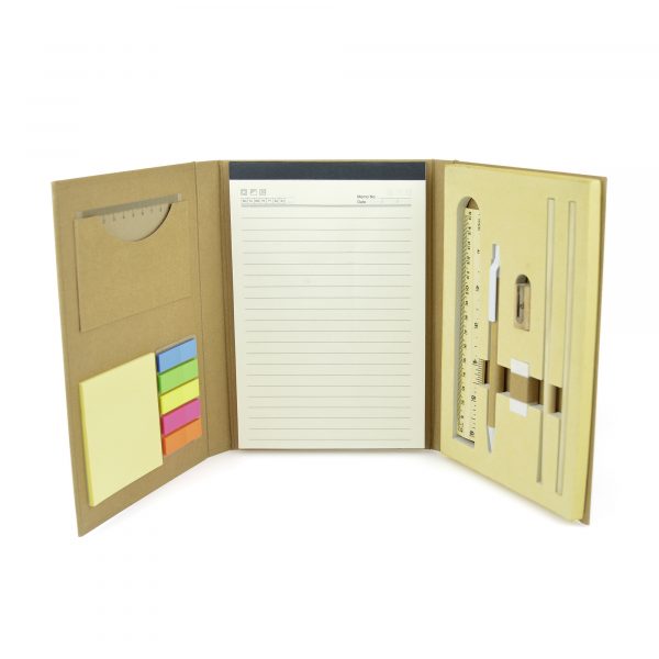 Hard backed natural fold-out stationary set including a wooden ruler, two pencils, eraser, sharpener, pen, lined notepad, plastic ruler, yellow sticky notes and 5 colours of flags. Available in natural.