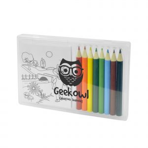 8 piece colouring pencil set with picture colouring pad housed in a plastic case. Available in translucent.