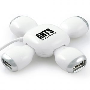 White turtle shaped 4 port USB hub with folding legs. USB 2.0 speed and features a 50cm cable.