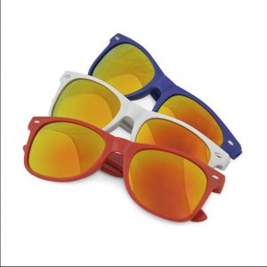Mirrored sunglasses one size. Brand area on one arm. Available in white, red and blue with multi coloured mirror effect lenses.