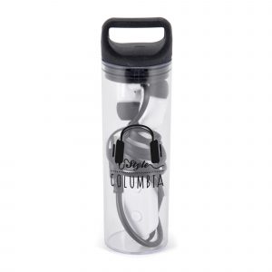 Black and white wireless Bluetooth earphones stored in a clear plastic cylinder and sealed with a black silicone stopper. Integrated volume controls and microphone. Earphones charge via USB port. Available in black with white trim.