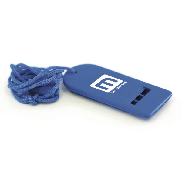Flat plastic whistle with neck cord. Available in three colours.