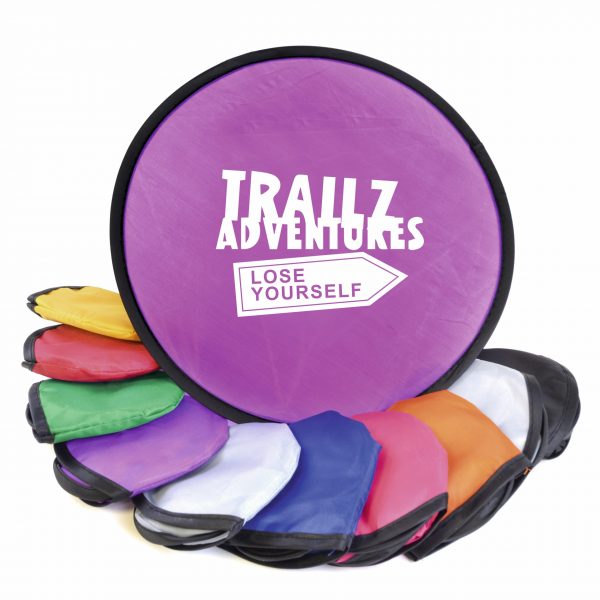 Folding nylon flying disc in pouch. Available in a variety of colours.