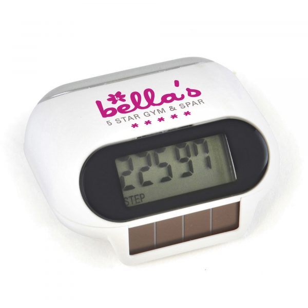 Solar powered pedometer with step counter, distance in miles and calorie counter function. Batteries included.