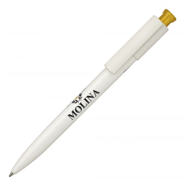 A real eco alternative. At 90% renewable, bio-based materials produced on cellulose basis. The coloured pusher allows us to implement corporate colours. This writing instrument is manufactured in Germany with a quality Jogger refill. Due to the nature of the material there may be colour variations of the barrel and clip. White with white frosted plunger available in 5 working days.