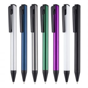 A contemporary ball pen with clip push mechanism, stunning metallic barrel and black trims.