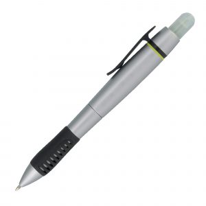 A stylish and handy silver twist action pen and highlighter in one. Highlighter cover is a full off ventilated cap.