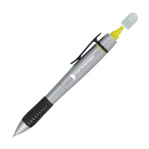 A stylish and handy silver twist action pen and highlighter in one. Highlighter cover is a full off ventilated cap.