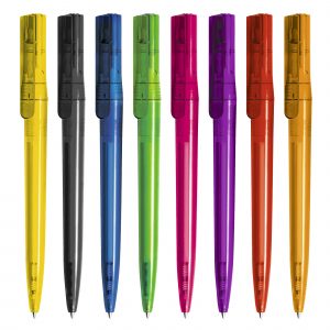 Quality twist action ball pen made in Europe from recycled PET from used water bottles.
