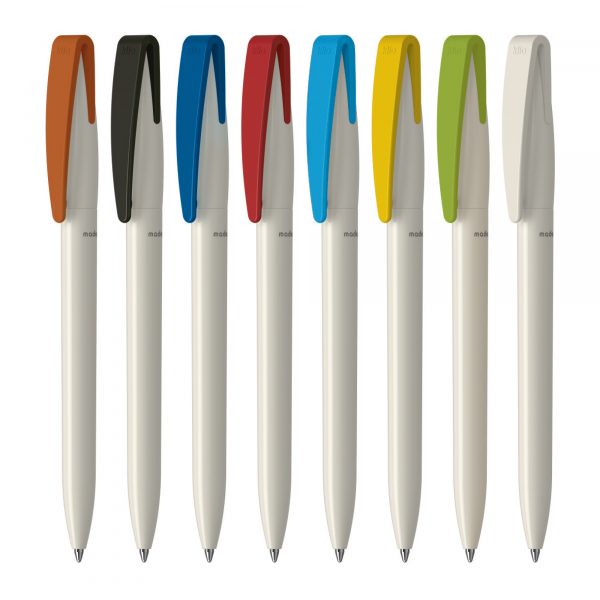 All three parts of this twist action favourite from Klio Eterna are made of Bio Material, compostable plastic compound (polylactic acid from vegetable starch). Clip can be combined in 7 solid colours. Min 500, 4 week delivery. Available in white with yellow, red, dark blue, blue, green, black or white clips