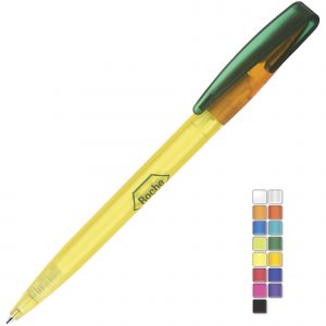A frost twist action plastic pen. All plastic parts can be supplied in the colour blocks to the right. Black or Blue ink.