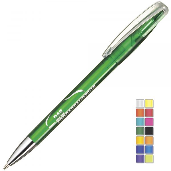 A transparent twist action plastic pen with a metal nose cone. Plastic parts can be supplied in the colour blocks to the right. Black or Blue ink.