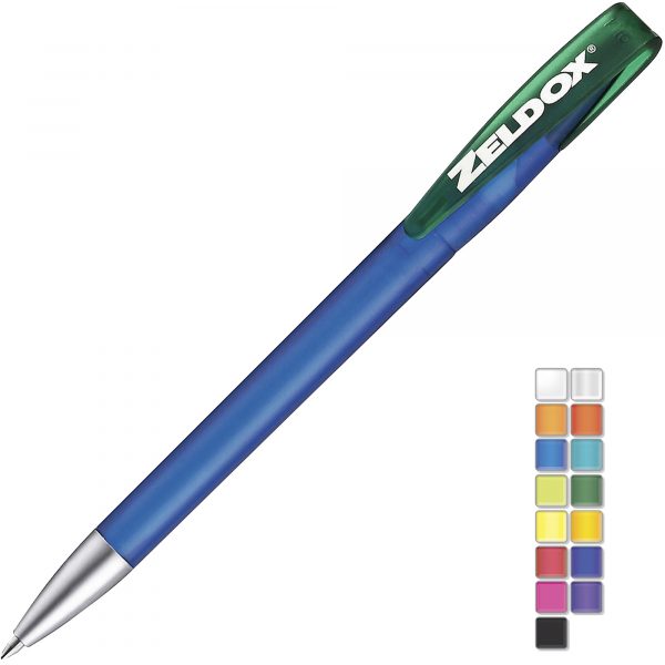 A frosted twist action plastic pen with a metal nose cone. Plastic parts can be supplied in the colour blocks to the right. Black or Blue ink.