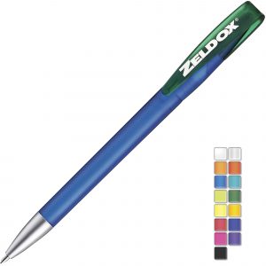 A frosted twist action plastic pen with a metal nose cone. Plastic parts can be supplied in the colour blocks to the right. Black or Blue ink.