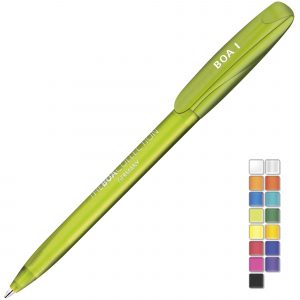 A twist action frost plastic pen. Both parts can be supplied in the colour blocks to the right. Black or Blue ink.