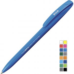A solid twist action plastic pen with a plastic nose cone and clip. All plastic parts can be supplied in the colour blocks to the right. Black or Blue ink.