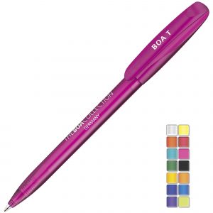 A trans twist action plastic pen with a plastic nose cone and clip. All plastic parts can be supplied in the colour blocks to the right. Black or Blue ink.