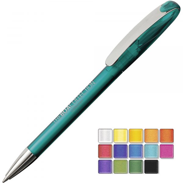 A transparent twist action plastic pen with a metal nose cone and clip. Both parts can be supplied in the colour blocks to the right. Black or Blue ink.