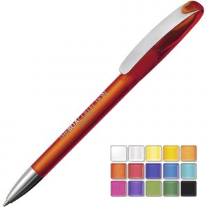 A frost twist action plastic pen with a satin metal nose cone and clip. Both parts can be supplied in the colour blocks to the right. Black or Blue ink.