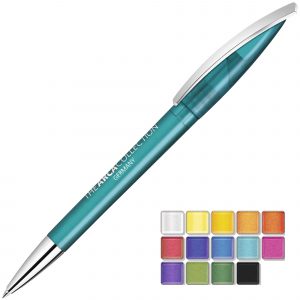 Twist action plastic pen with a metal nose cone and clip. Both plastic parts can be supplied in the colour blocks to the right. Black or Blue ink.