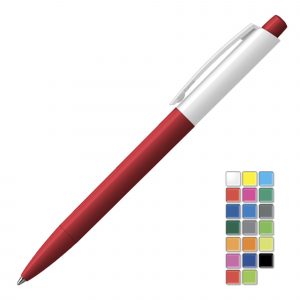 A quality solid gloss retractable pen . All plastic parts can be supplied in the colour blocks to the right. Black or Blue ink.