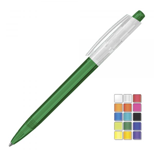 A quality fully translucent retractable pen. All plastic parts can be supplied in the colour blocks to the right. Black or Blue ink.