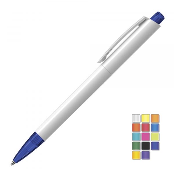 A quality retractable ball pen with solid barrel and translucent nose cone and plunger . All plastic parts can be supplied in the colour blocks to the right. Black or Blue ink.
