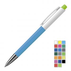 A quality solid gloss retractable pen with metal nose cone . All plastic parts can be supplied in the colour blocks to the right. Black or Blue ink.