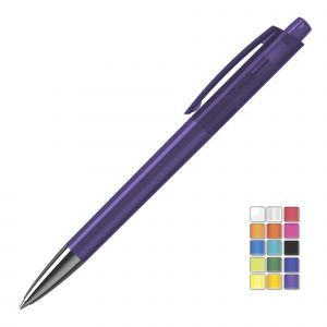A quality fully translucent retractable pen with metal nose cone. All plastic parts can be supplied in the colour blocks to the right. Black or Blue ink.