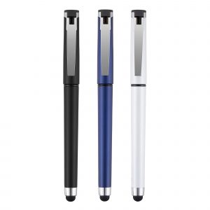 A metallic finish capped roller with modern metal clip and soft stylus end piece.