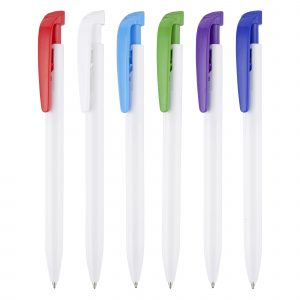 A solid gloss white push action ball pen with contrasting clip.