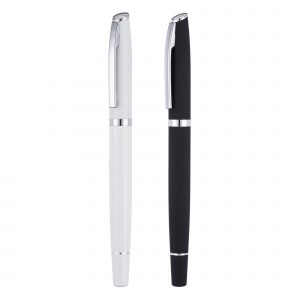 Sleek design and smooth lines in this capped metal rollerball pen. White is a high gloss finish and the black is a smooth soft feel finish. Black pen is engrave or digital print only.
