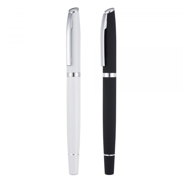 Sleek design and smooth lines in this capped metal rollerball pen. White is a high gloss finish and the black is a smooth soft feel finish. Black pen is engrave or digital print only.