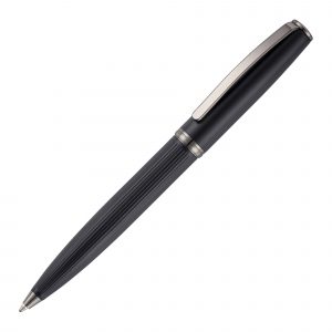 Matt black twist action ball pen with gun metal trims. Fluted barrel gives this heavyweight pen a stylish twist.