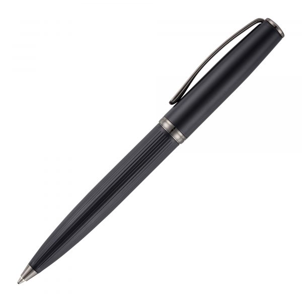 Matt black twist action ball pen with gun metal trims. Fluted barrel gives this heavyweight pen a stylish twist.