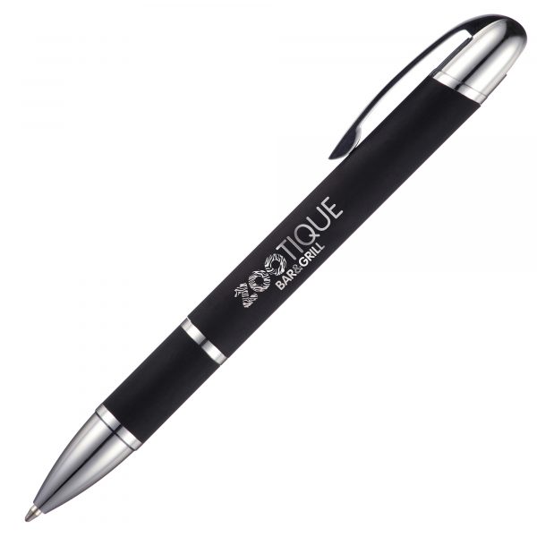 An elegant and modern ball pen in classy matt black finish. Hinged clip and undercoated chrome for a mirror chrome finish when engraved. This version can also be printed spot colours.