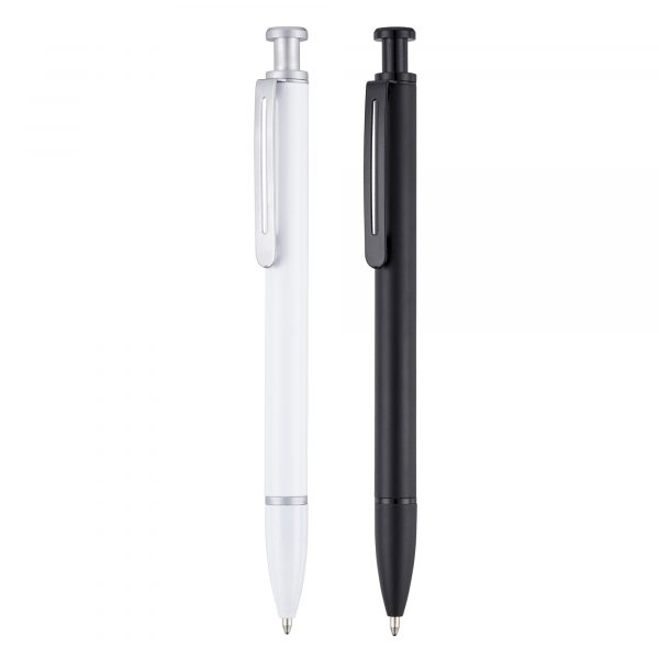 A very well made metal pen in a modern design with a large print area. The black is undercoated chrome for a mirror chrome finish when engraved. (engraving is at an additional cost).