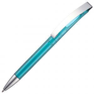 A twist action pen with a metal clip available in vibrant transparent colours. Features a large print area to the barrel.