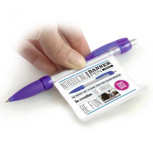 A Pen that can carry a very large message on a roll out banner (180x67mm) that can be printed both sides in full colour. Black or Blue ink.