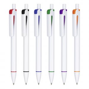 A robust yet stylish push action ball pen with key colour accents and large branding area to barrel and clip.