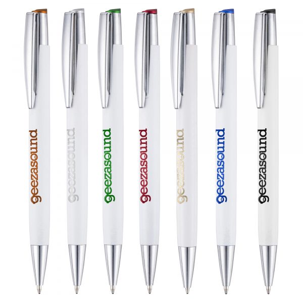A stunning satin finish ball pen with chrome fittings and colour accented trim - print or engrave to match this!