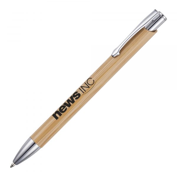 A stylish push action ball pen that uses less plastic in its construction by featuring a Bamboo barrel from a sustainable source.