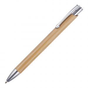 A stylish push action ball pen that uses less plastic in its construction by featuring a Bamboo barrel from a sustainable source.