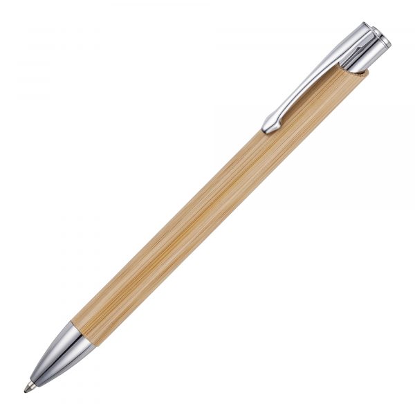A stylish push action ball pen that uses less plastic in its construction by featuring a Bamboo barrel from a sustainable source.
