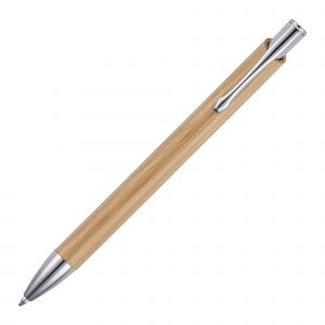 A stylish push action ball pen that uses less plastic in its construction by featuring a Bamboo barrel from a sustainable source.