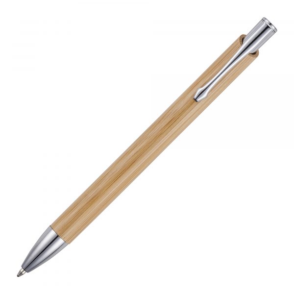 A stylish push action ball pen that uses less plastic in its construction by featuring a Bamboo barrel from a sustainable source.