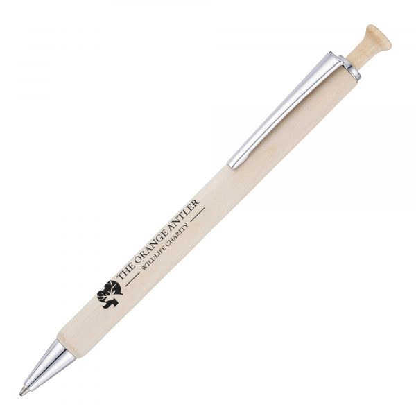 Push action ball pen with stunning chrome metal trims, this model features Birch Wood barrel from a sustainable source.